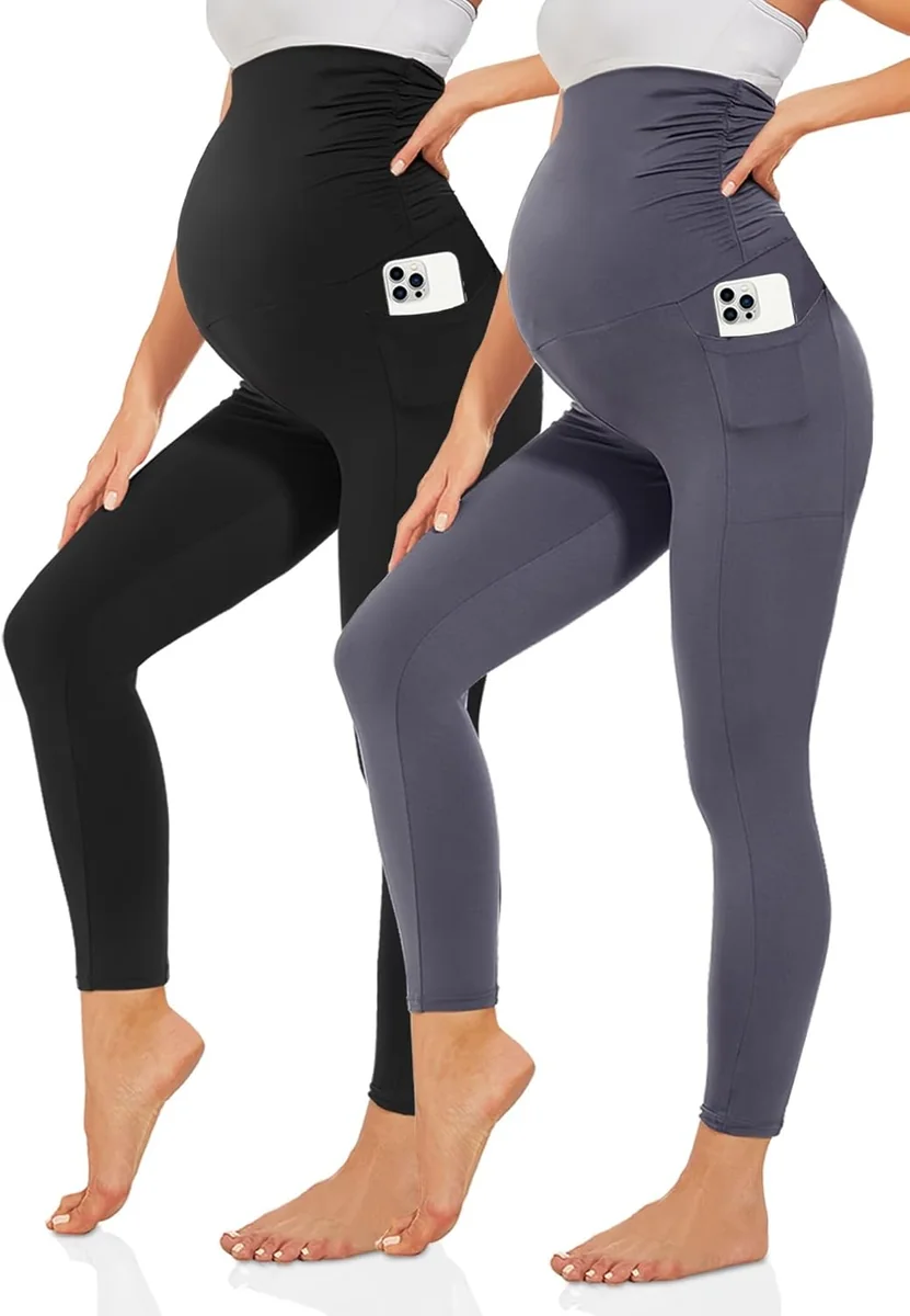Legginsy ciążowe damskie czarne nieprzezroczyste z kieszeniami XL do jogi