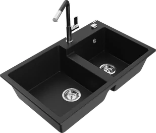 Mexen Tomas zlewozmywak granitowy 2-komorowy z baterią kuchenną Flora, czarny - 6516-77-670401-07 - Zlewozmywaki z baterią - miniaturka - grafika 1