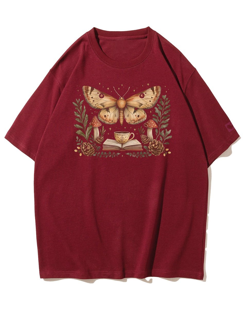 Koszulka oversize Nocny Motyl z Książką Mól Książkowy Bordowy XL