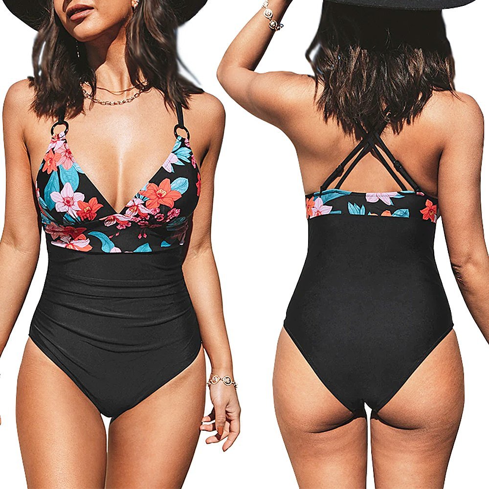 Strój Kąpielowy Jednoczęściowy Kwiaty Czarny Xl 42