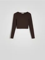 Koszulki i topy damskie - Reserved - Krótki bawełniany longsleeve - ciemnobrązowy - miniaturka - grafika 1