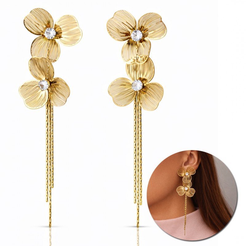 Kolczyki Ze Stali Szlachetnej Pozłacane 14K Złotem Perły Efektowne Wiszące