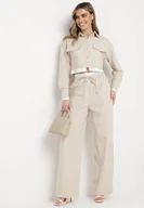 Komplety damskie - Beżowy Komplet w Stylu Utility Krótka Koszula i Szerokie Spodnie z Gumką w Pasie Lysianne - miniaturka - grafika 1