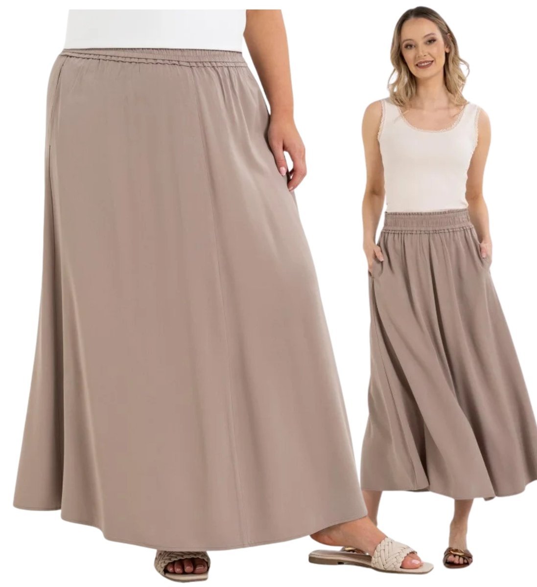 Damska Spódnica Maxi Wiskozowa Luźna Przewiewna Klasyczna BEŻOWA MORAJ XL