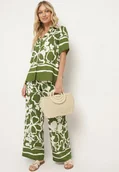 Komplety damskie - Zielony Komplet Koszula z Krótkim Rękawem Szerokie Spodnie z Gumką w Pasie Vikiisina - miniaturka - grafika 1