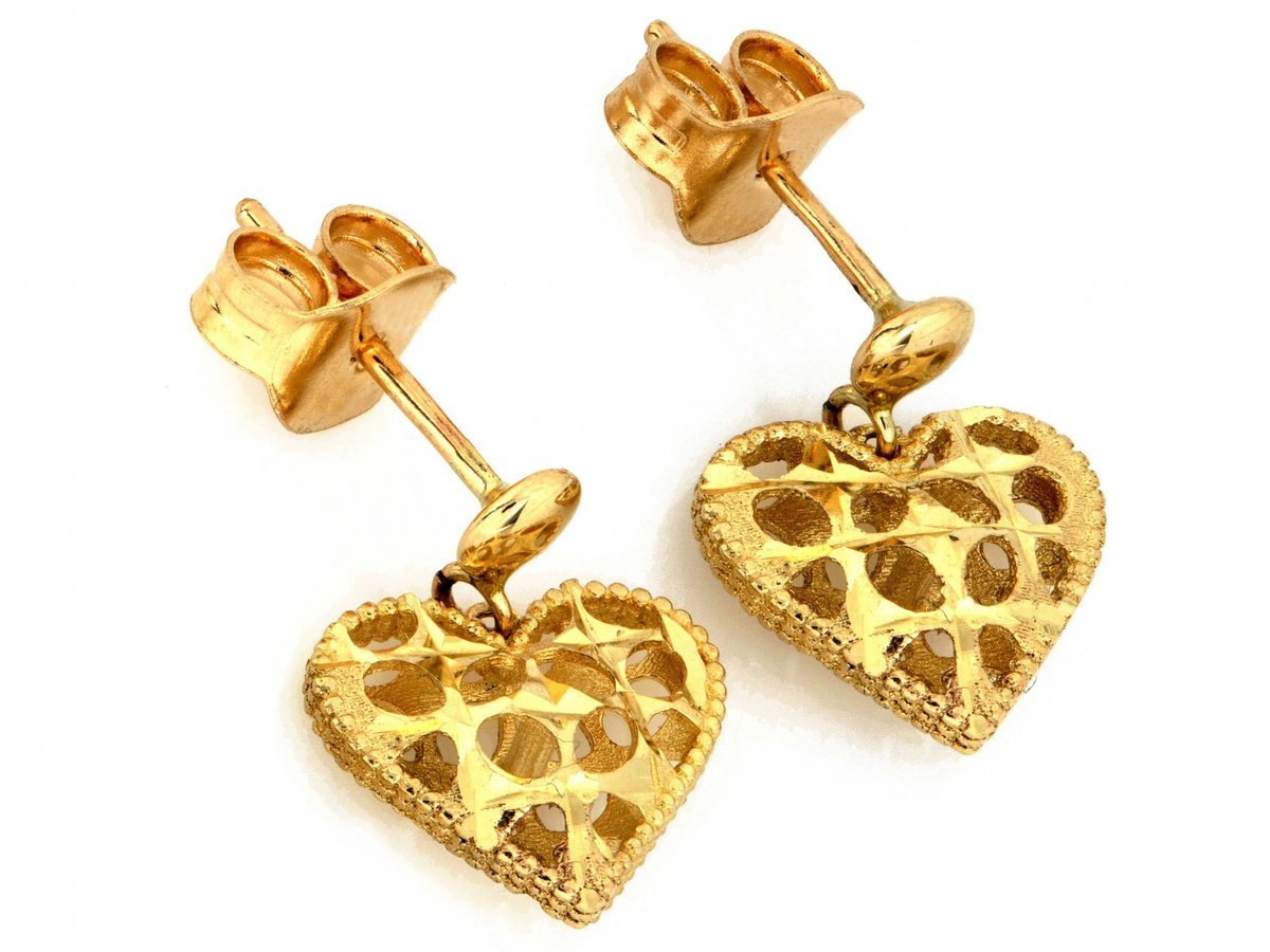Złote kolczyki 585 z wiszącymi ażurowymi sercami 1.67g
