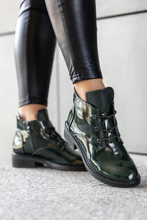 Zielone botki damskie lakierowane na niskim klocku sznurowane Casu D24WX4-G-39 - Botki damskie - miniaturka - grafika 1