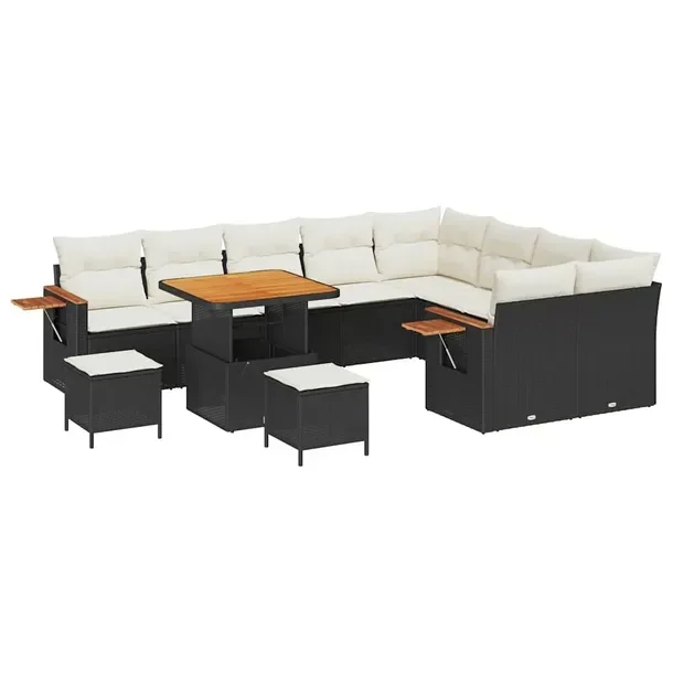 Zestaw Ogrodowy: Sofa Narożna, Stół, 2 Ottomany, Czarno-Kremowy, Rattan