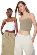 Koszulki i topy damskie - Trendyol Damska koszulka basic basic z kwadratowym kołnierzem z dzianiny, Khaki-biały, L - miniaturka - grafika 1