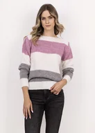 Swetry damskie - Sweter w szerokie, kontrastowe pasy - SWE290 ecru/szary/róż MKM - miniaturka - grafika 1