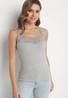Bluzki damskie - Ciemnoszary Top z Bawełny Ozdobiony Koronkową Wstawką Arithara - miniaturka - grafika 1