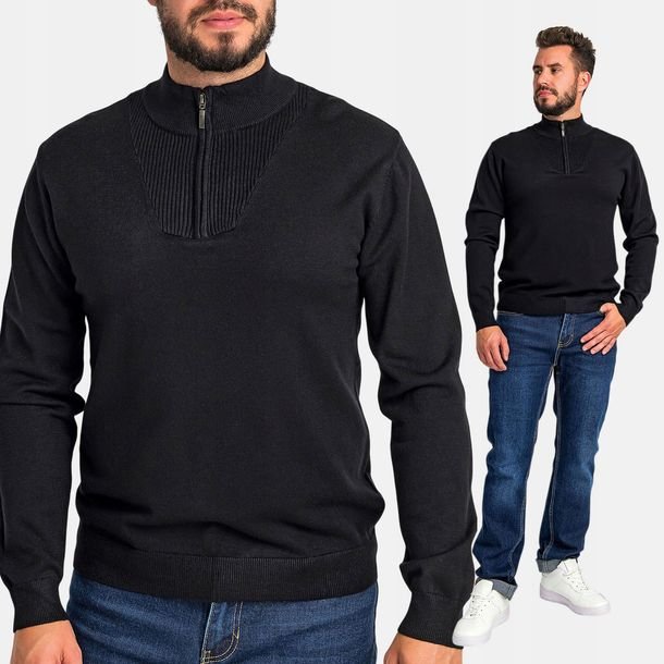 Sweter Męski Gładki Półgolf Stójka Zamek Elegancki Ciepły Czarny L