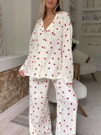 Piżamy damskie - Urocza damska piżama w czerwone serca - Kremowy - miniaturka - grafika 1