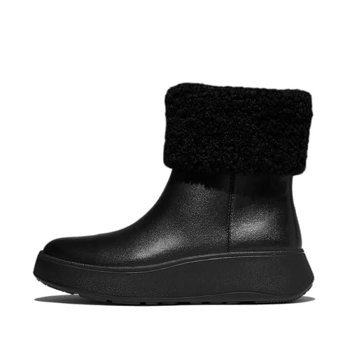 Fitflop Damskie botki ze skóry F-Mode Shearling-Collar Zip-Up, czarne, 36 EU, Cały czarny, 36 EU