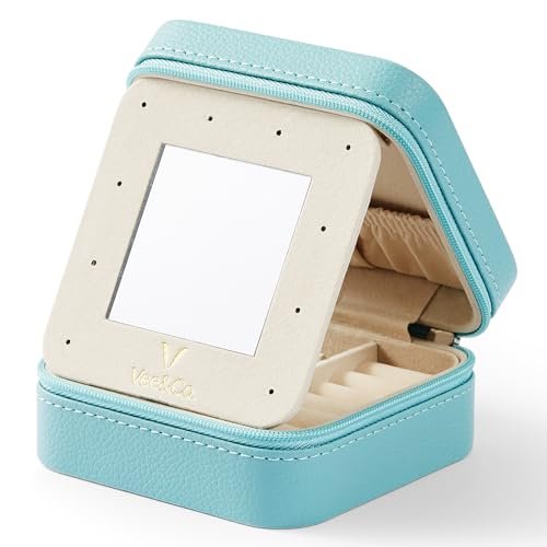 VEE&CO. Prezenty na Dzień Kobiet 2024 Małe podróżne etui na biżuterię, mini organizer na biżuterię z lustrem, przenośne pudełko do przechowywania biżuterii, na kolczyki, pierścionki, naszyjniki,