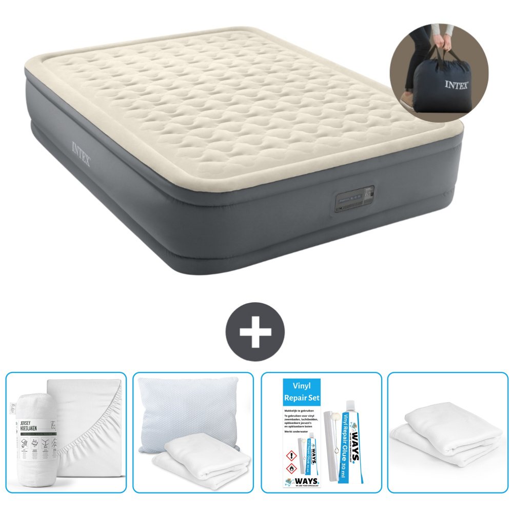 Łóżko powietrzne Intex - 2 osoby - 152 x 203 x 46 cm - Szare - Z pompką - Prześcieradło - Całowanie - Zestaw naprawczy en Ochraniacz na poduszkę