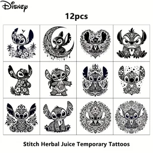 TEMU 12 szt. Tymczasowe Tatuaże Disney Stitch 2,4×2,4 cala, Czarno-Białe Artystyczne Wzory, Wodoodporne i Odporne na Pot oraz Zarysowania, Duży - Wyposażenie studia tatuażu - miniaturka - grafika 1