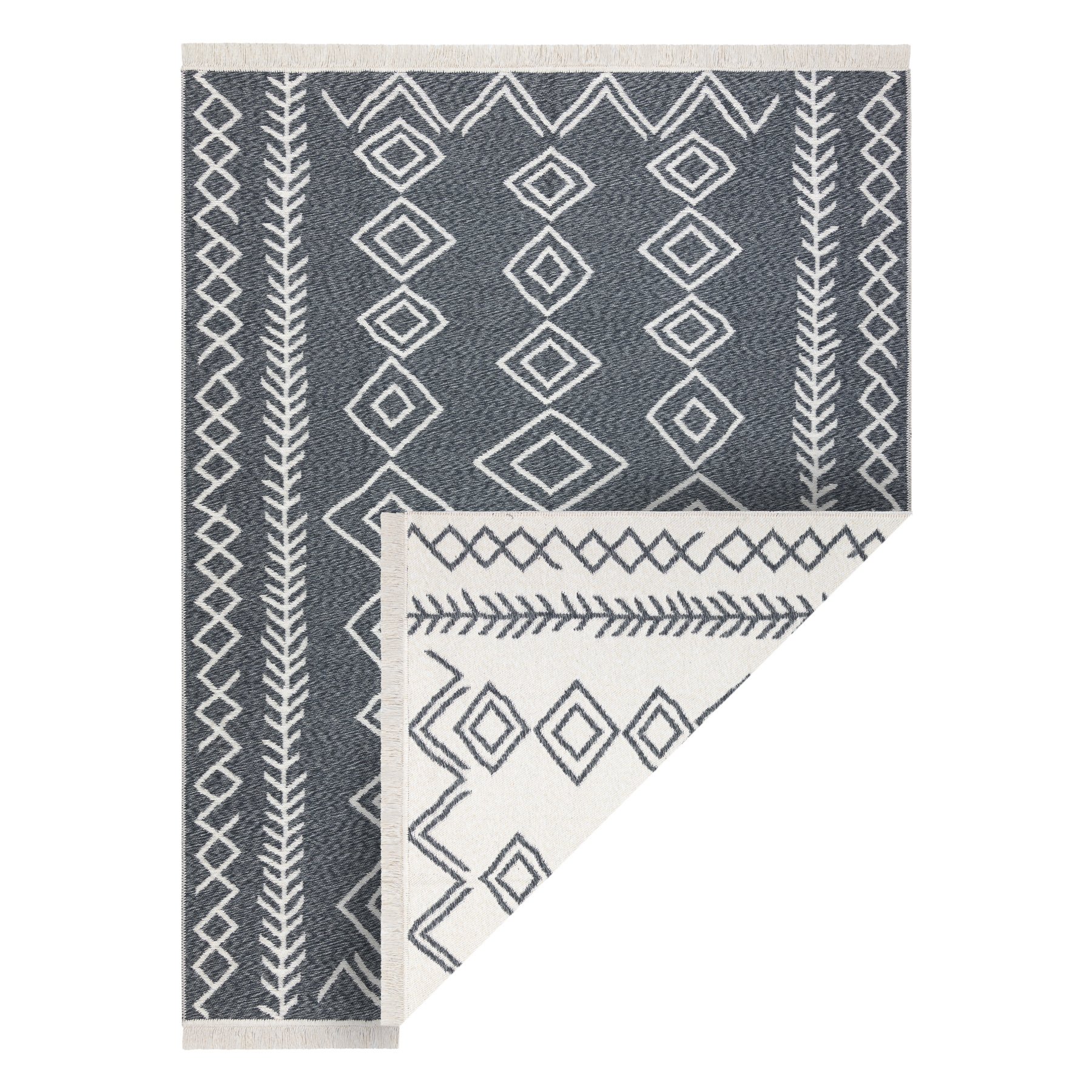 Dywan TWIN 23000 Boho, bawełna, dwustronny, romby Ekologiczny frędzle - antracyt / krem szary 120x170 cm