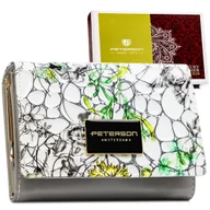 Portfele - Portfel skórzany Peterson lakierowany damski ze skóry naturalnej poziomy na karty i gotówkę z ochroną kart RFID w kwiaty biały zielony żółty - miniaturka - grafika 1