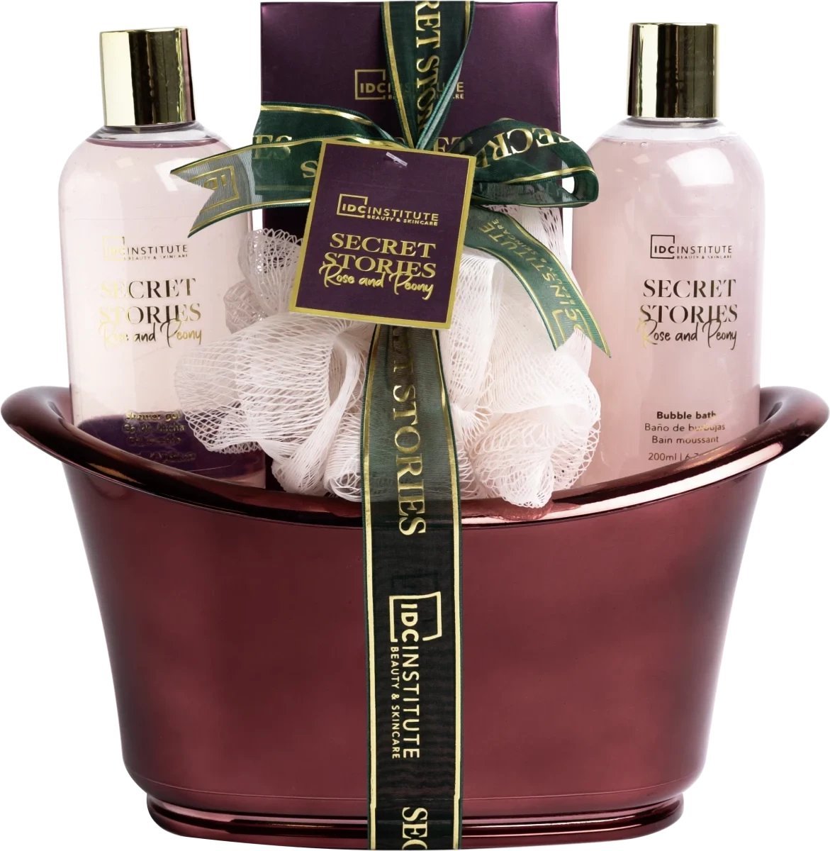Kūno priežiūros rinkinys IDC Institute Scented Garden Secret Stories: dušo želė, 200 ml + vonios druska, 250 g + vonios putos, 200 ml + plaušinė