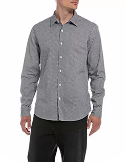 Koszule męskie - Replay Męska koszula z długim rękawem z bawełny, 010 White/Black Micro Print, L - grafika 1