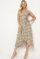 Sukienki - Zielono-Pomarańczowa Bawełniana Sukienka na Ramiączkach z Kopertowym Dekoltem i Asymetrycznym Rozcięciem Xiloa - miniaturka - grafika 1