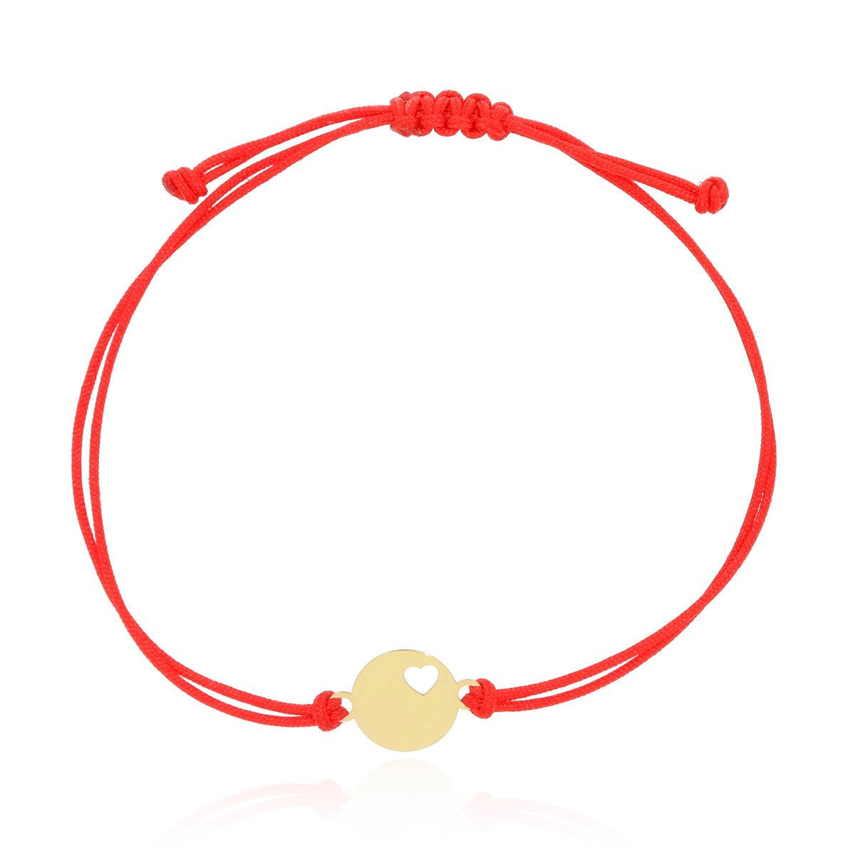 Bransoletka czerwony sznurek serce w kółku złoto pr.585