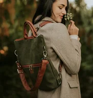 Torebki damskie - Plecak / torba 2 w 1 z nubuku, khaki brązowe paski - miniaturka - grafika 1