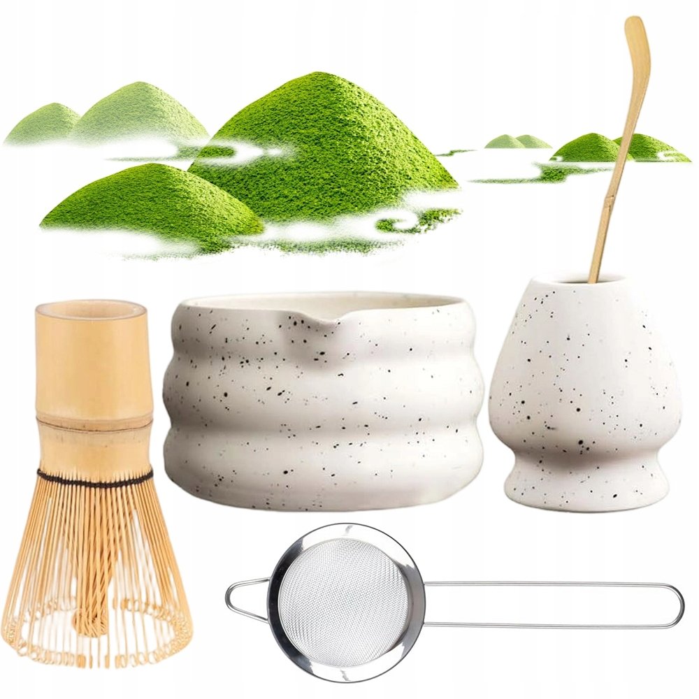 Zestaw Prezentowy Do Herbaty Matcha Czarka Miotełka Podstawka Łyżeczka Biel