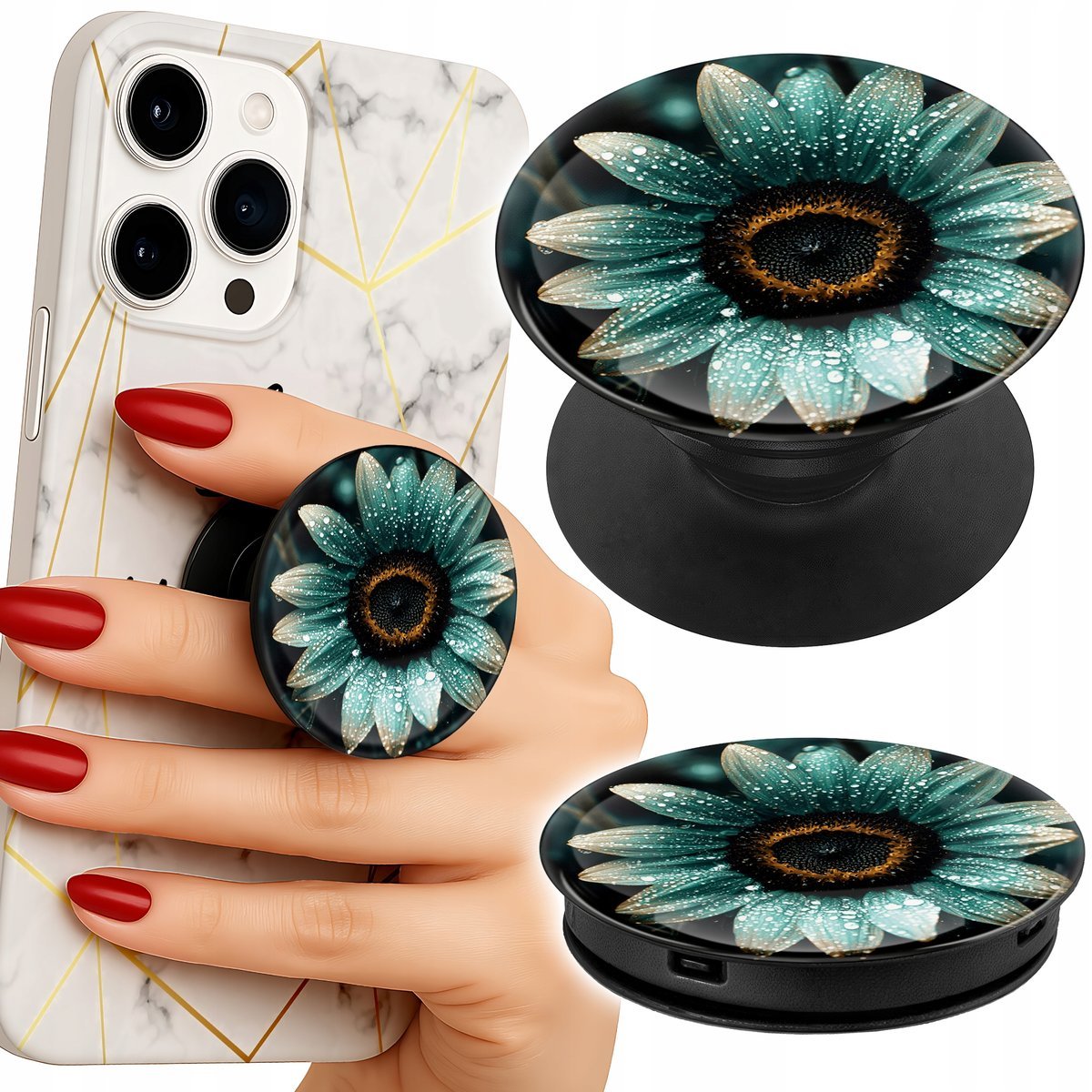 Uchwyt do telefonu Popsocket na palce/stojak NIEBIESKA GERBERA STOKROTKA