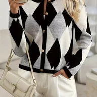Swetry damskie - TEMU Elegancka Marynarka Damska w Rombowe Kolorowe Bloki – Okrągły Dekolt, Pranie Maszynowe, Odzież Wierzchnia na Jesień/Zimę, Idealna do Biura i - miniaturka - grafika 1