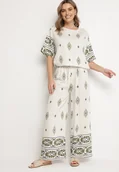 Komplety damskie - Beżowo-Ciemnozielony Wiskozowy Komplet w Stylu Boho Szerokie Spodnie i Bluzka T-shirt Sarilorae - miniaturka - grafika 1
