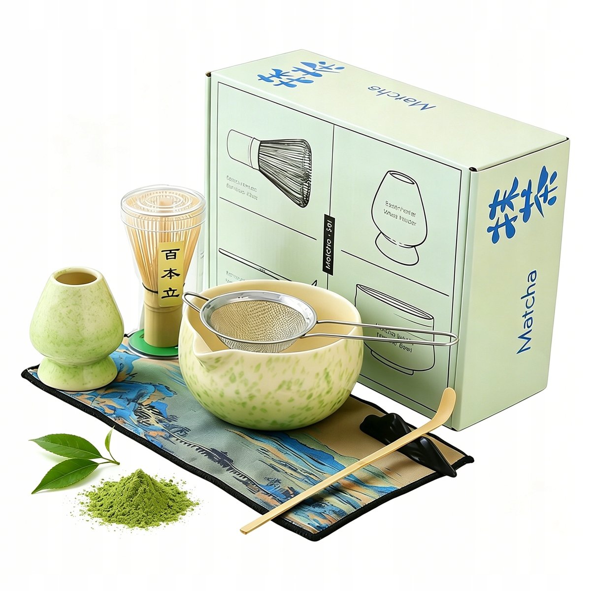 Zestaw Prezentowy Do Herbaty Matcha Czarka Miotełka Zielony 7SZT