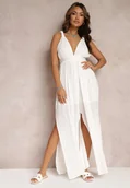 Kombinezony - Biały Kombinezon bez Rękawów z Gumką w Talii z Wiskozy i Lnu Nehir - miniaturka - grafika 1