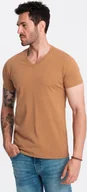 Koszulki męskie - Ombre Męska klasyczna bawełniana koszulka z dekoltem w serek BASIC brązowa V9 OM-TSBS-0145 L - miniaturka - grafika 1
