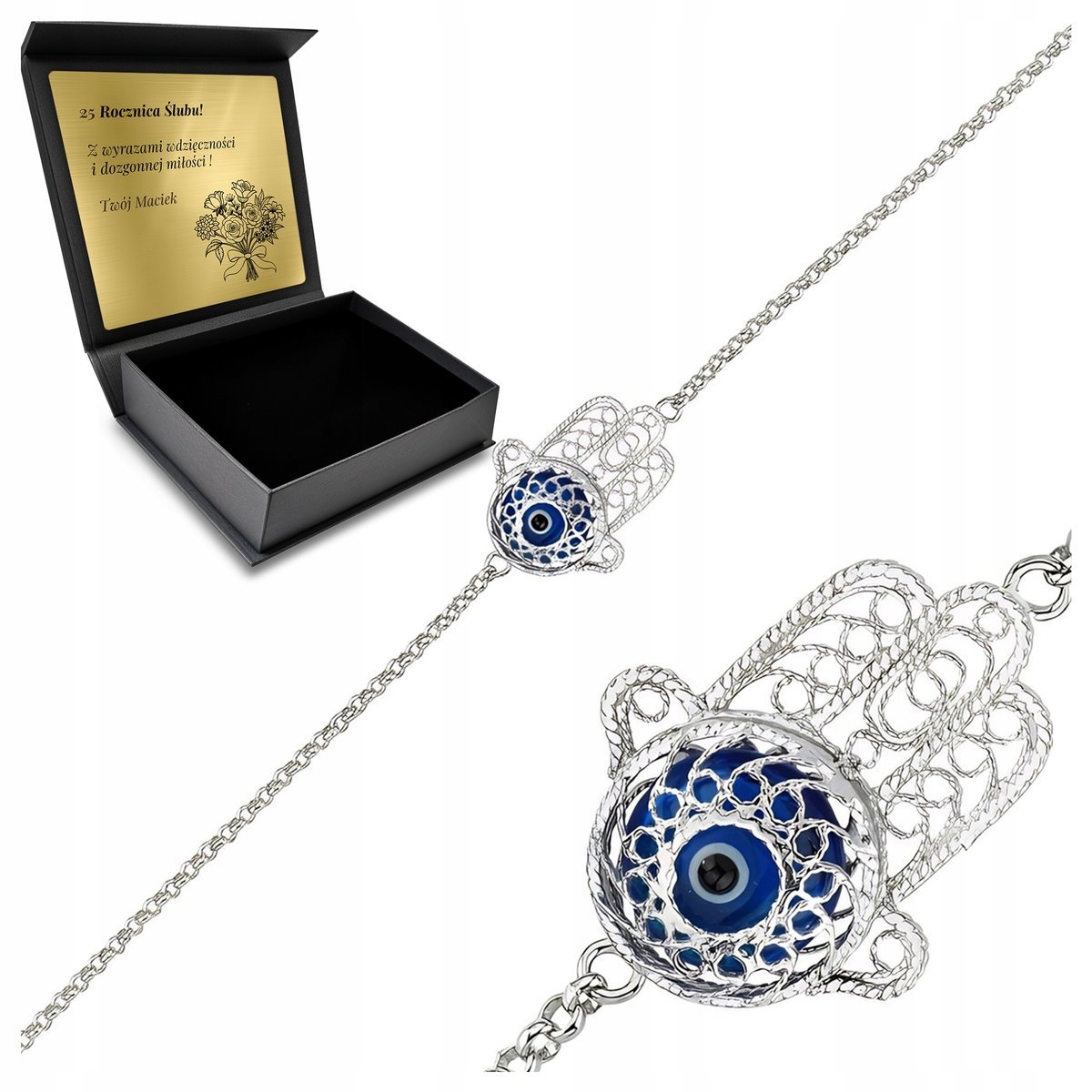 Bransoletka Srebrna Orientalna Turecka Ręka Fatimy Talizman Grawer