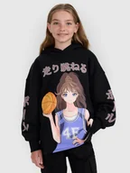 Bluzy dla dziewczynek - 4F Bluza dresowa nierozpinana z kapturem dziewczęca - czarna 122 (6-7 lat) - miniaturka - grafika 1