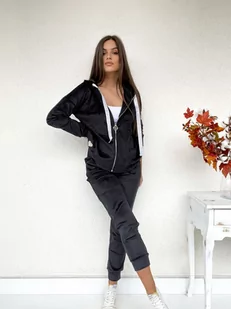 WELUROWY DRES OMEGA PREMIUM BLUZA + SPODNIE - CZARNY Z BIAŁO - BEŻOWYMI TAŚMAMI - THE WESS - Spodnie sportowe damskie - miniaturka - grafika 1
