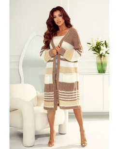 DŁUGI SWETER KARDIGAN MARGOT W PASKI POLSKI PRODUCENT J&K PREMIUM - CAPPUCCINO - Swetry damskie - miniaturka - grafika 1