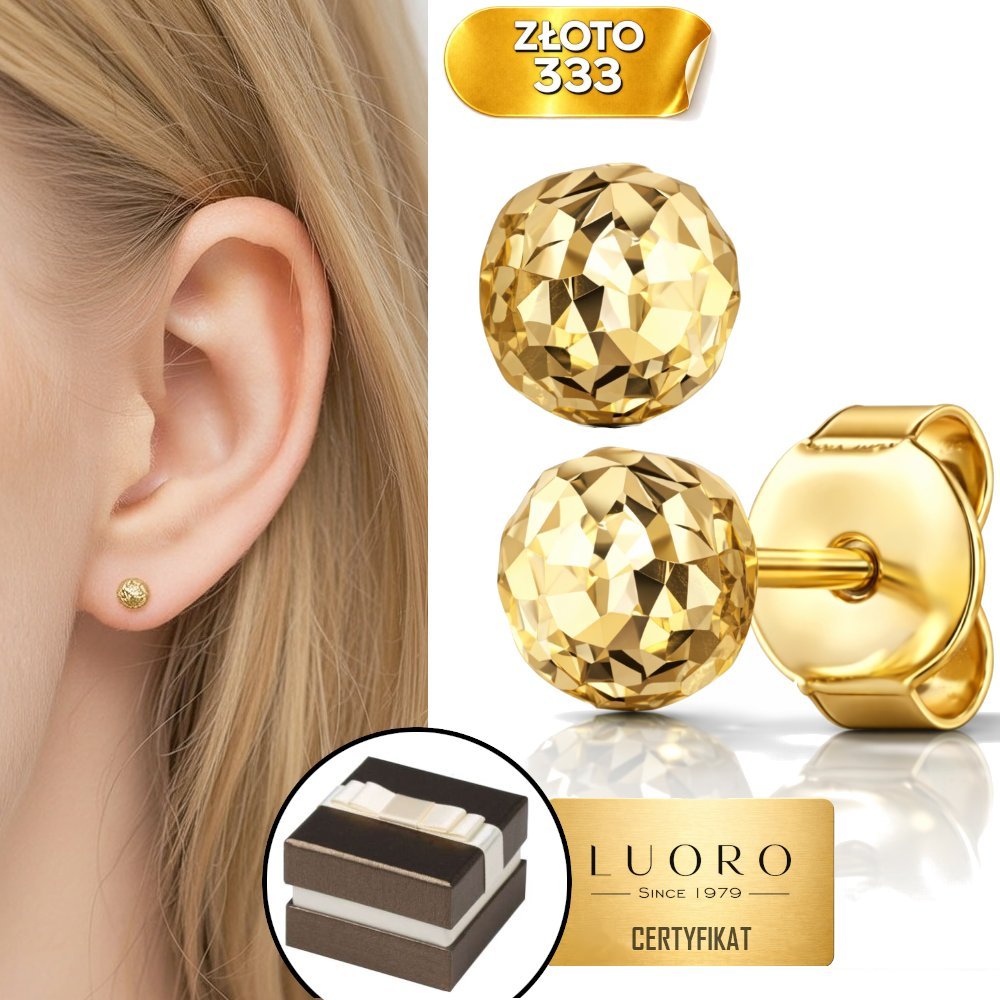 KOLCZYKI ZŁOTE 333 8K KULKI DIAMENTOWANE 6 MM LEKKIE SZTYFT