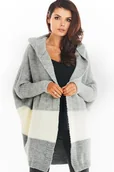 Swetry damskie - Dwukolorowy Kardigan z Kapturem - Szary - miniaturka - grafika 1