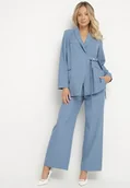 Komplety damskie - Niebieski Garnitur Marynarka o Asymetrycznym Kroju i Szerokie Spodnie Purria - miniaturka - grafika 1