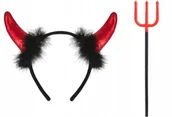 Dodatki do strojów karnawałowych - Zestaw Opaska Rogi Diabła +Widły Diabła czerwono-czarne - miniaturka - grafika 1