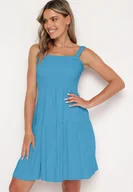 Sukienki - Niebieska Sukienka na Ramiączkach z Gumką w Talii i Falbankami Tiamaree - miniaturka - grafika 1