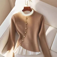 Swetry damskie - TEMU Elegancka Beżowa Marynarka Sweterowa dla Kobiet – Blazer z Okrągłym Kołnierzem na Każdą Porę Roku, Złote Guziki, Opcja Krótkiego Kołnierza Bez - miniaturka - grafika 1