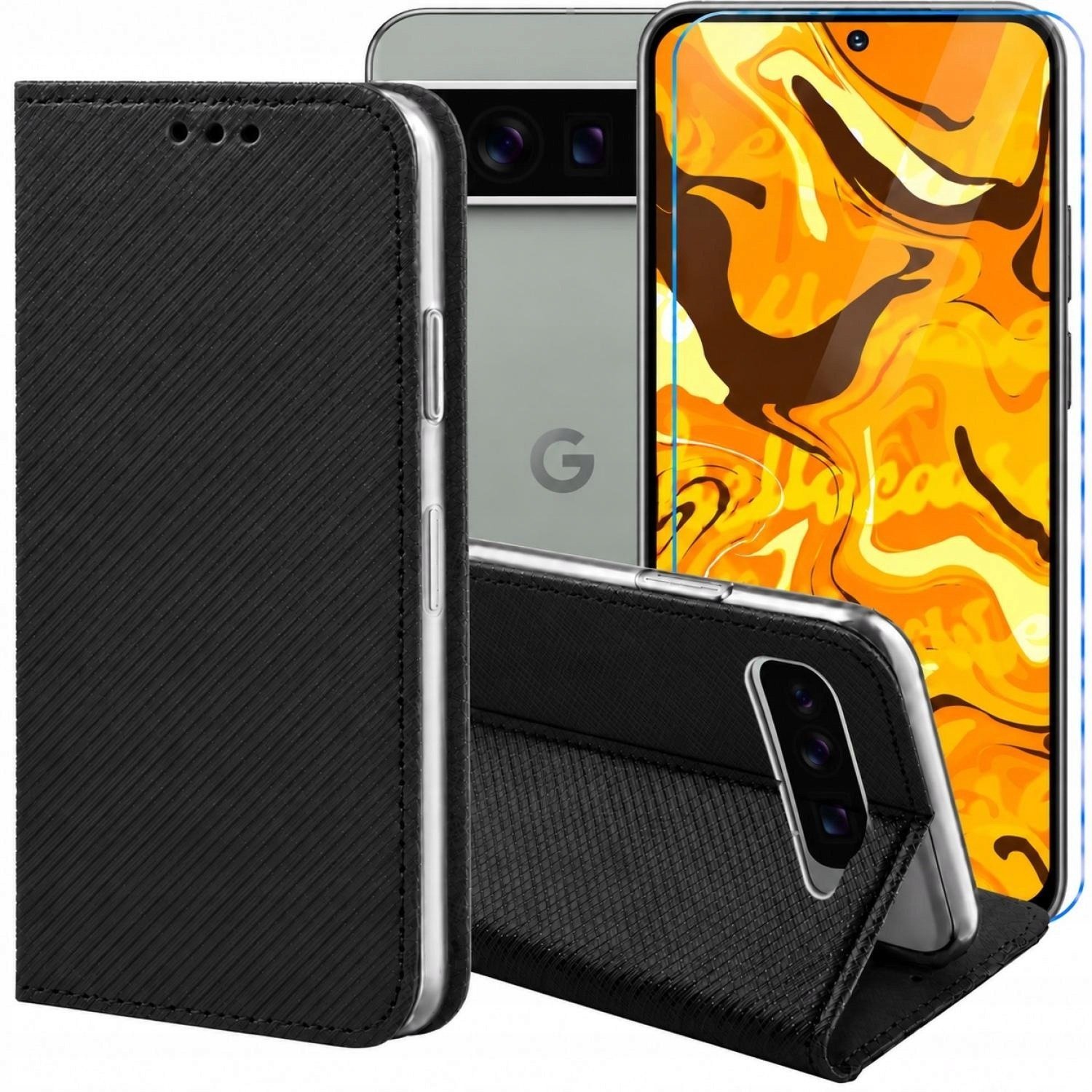 krainaGSM Etui z Klapką Do Google Pixel 9 Pro XL Czarne, Zamykane, Kabura Szkło BNDL5415