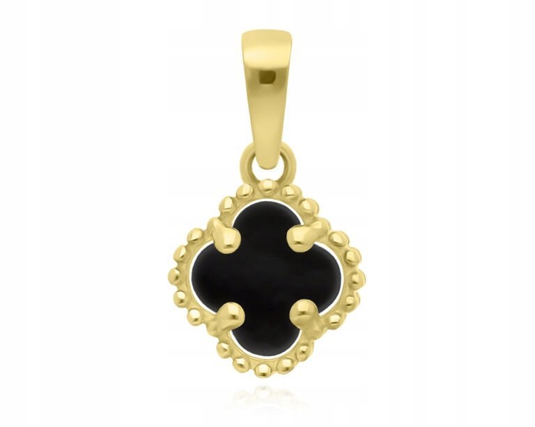 Złota Zawieszka 585 Koniczynka Czarny Onyks Wisiorek Damski