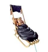 Sanki i ślizgacze - Sanki Drewniane z Oparciem dla dziecka Pchacz + Śpiworek BRĄZ + Mufki - miniaturka - grafika 1