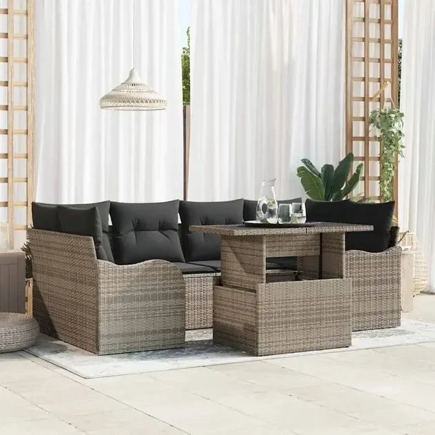 Zestaw Ogrodowy 7 Części, Sofa Narożna, Stół, Szary, Rattan