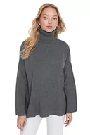 Bluzy damskie - Trendyol Damska bluza z golfem, jednokolorowa, oversize, Szary, L - miniaturka - grafika 1